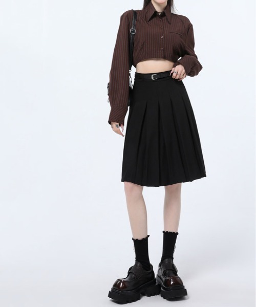 kirakiraShop(キラキラショップ)の「ベルト付き プリーツ フレア ミディスカート(スカート・レディース・ライトベージュ/ブラック/チャコール・L/M/S)」の8枚目の写真