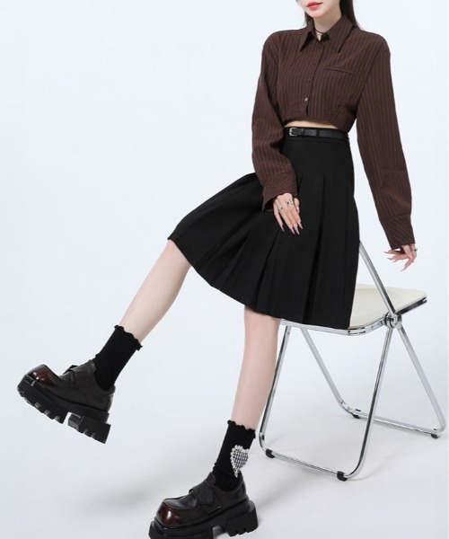 kirakiraShop(キラキラショップ)の「ベルト付き プリーツ フレア ミディスカート(スカート・レディース・ライトベージュ/ブラック/チャコール・L/M/S)」の11枚目の写真