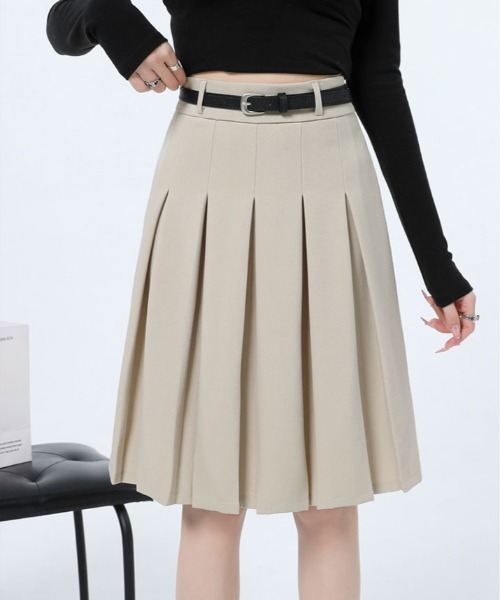 kirakiraShop(キラキラショップ)の「ベルト付き プリーツ フレア ミディスカート(スカート・レディース・ライトベージュ/ブラック/チャコール・L/M/S)」の18枚目の写真