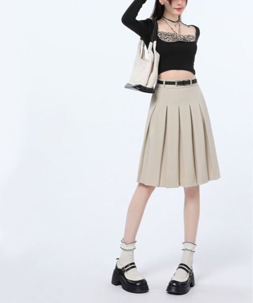 kirakiraShop(キラキラショップ)の「ベルト付き プリーツ フレア ミディスカート(スカート・レディース・ライトベージュ/ブラック/チャコール・L/M/S)」の20枚目の写真