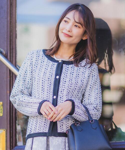 ITS'DEMO（イッツデモ）の「【入卒/手洗い可】ラメツイードニットジャケット（ノーカラージャケット・レディース・オフホワイト/ネイビー/ブラック系3・00）」の4枚目の写真