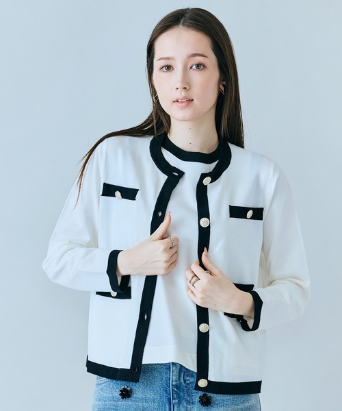 Audie a Muses（オーディアミューズ）の「バイカラーパイピングニットアンサンブル（アンサンブル・レディース・ピンク/オフホワイト/ブラック・42/38）」の2枚目の写真