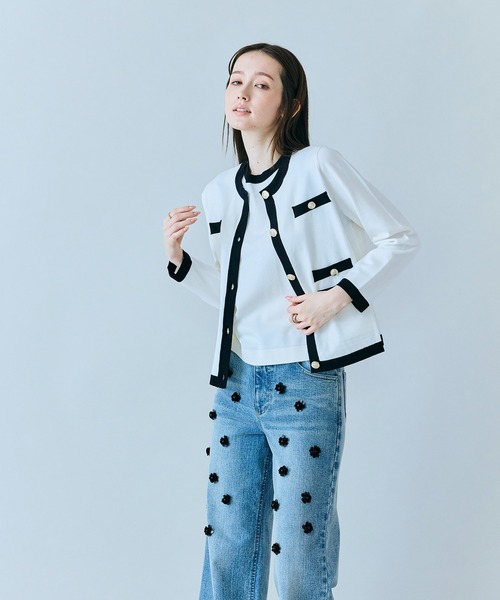 Audie a Muses（オーディアミューズ）の「バイカラーパイピングニットアンサンブル（アンサンブル・レディース・ピンク/オフホワイト/ブラック・42/38）」の4枚目の写真