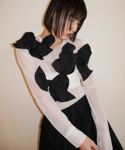 HONEY MI HONEY(ハニーミーハニー)の「taffeta ribbon sheer tops(Tシャツ/カットソー・レディース・ブラック/ピンク/ホワイト・FREE)」の2枚目の写真