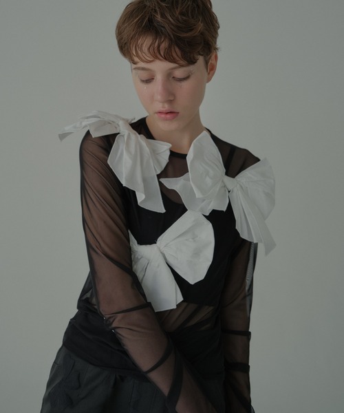 HONEY MI HONEY(ハニーミーハニー)の「taffeta ribbon sheer tops(Tシャツ/カットソー・レディース・ブラック/ピンク/ホワイト・FREE)」の3枚目の写真