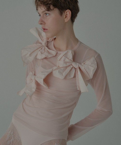 HONEY MI HONEY(ハニーミーハニー)の「taffeta ribbon sheer tops(Tシャツ/カットソー・レディース・ブラック/ピンク/ホワイト・FREE)」の4枚目の写真