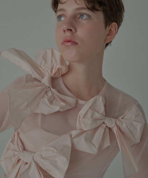 HONEY MI HONEY(ハニーミーハニー)の「taffeta ribbon sheer tops(Tシャツ/カットソー・レディース・ブラック/ピンク/ホワイト・FREE)」の5枚目の写真