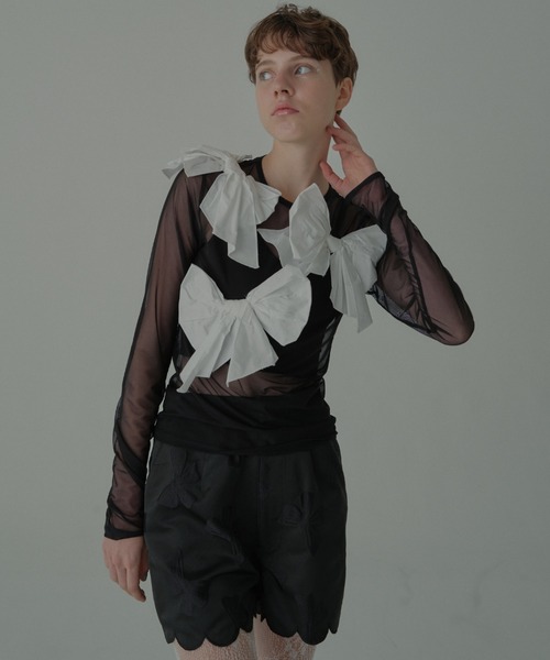 HONEY MI HONEY(ハニーミーハニー)の「taffeta ribbon sheer tops(Tシャツ/カットソー・レディース・ブラック/ピンク/ホワイト・FREE)」の10枚目の写真