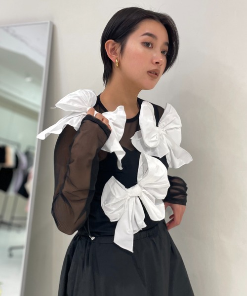 HONEY MI HONEY(ハニーミーハニー)の「taffeta ribbon sheer tops(Tシャツ/カットソー・レディース・ブラック/ピンク/ホワイト・FREE)」の16枚目の写真