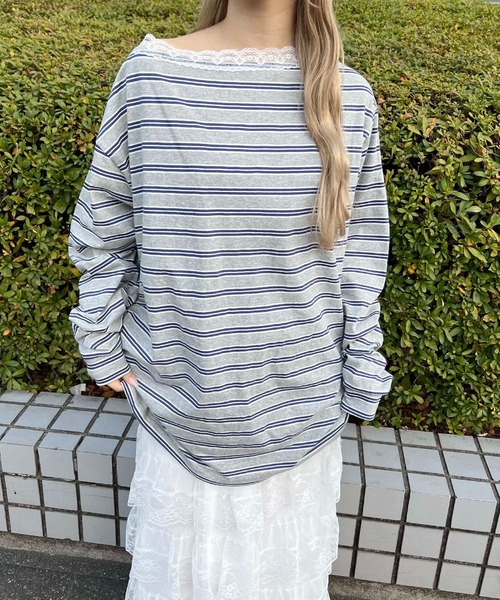WC(ダブル シー)の「レースパイピングオフショルビッグT(Tシャツ/カットソー・レディース・アイボリー/グレー・FREE)」の3枚目の写真