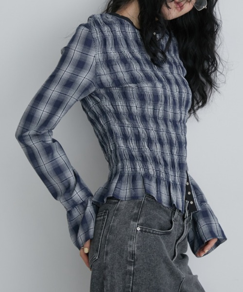 Aunt Marie's（アントマリーズ）の「シャーリングチェックトップス（シャツ/ブラウス・レディース・ネイビー/アイボリー・FREE）」の17枚目の写真