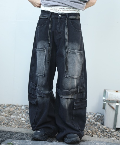 デニムカーゴパンツ７9cm９２cm２本組 セール】HOOK -select- 切替ワイドデニムカーゴパンツ（デニムパンツ