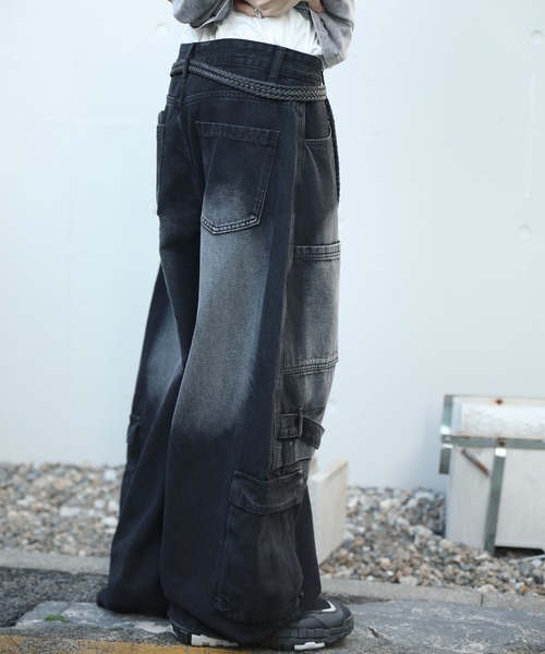 HOOK(フック)の「HOOK -select- 切替ワイドデニムカーゴパンツ(デニムパンツ・メンズ・ブラック/ブルー・S/M/L)」の21枚目の写真