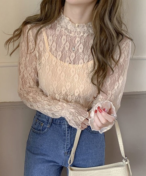 mielu(ミエル)の「ハイネックシアーレーストップス(Tシャツ/カットソー・レディース・ベージュ/ホワイト・MEDIUM/LARGE)」の3枚目の写真