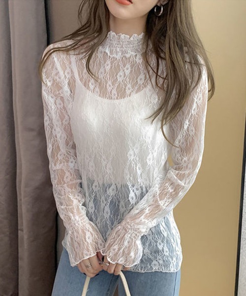 mielu(ミエル)の「ハイネックシアーレーストップス(Tシャツ/カットソー・レディース・ベージュ/ホワイト・MEDIUM/LARGE)」の5枚目の写真