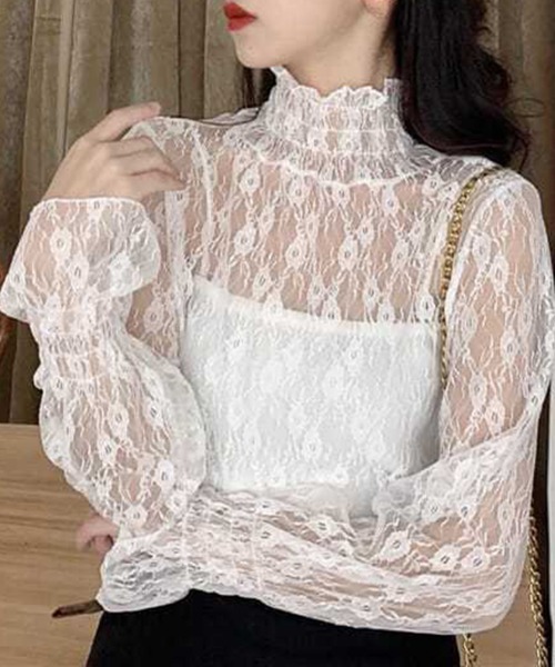 mielu(ミエル)の「ハイネックシアーレーストップス(Tシャツ/カットソー・レディース・ベージュ/ホワイト・MEDIUM/LARGE)」の8枚目の写真