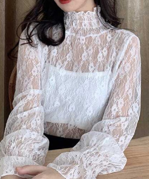 mielu(ミエル)の「ハイネックシアーレーストップス(Tシャツ/カットソー・レディース・ベージュ/ホワイト・MEDIUM/LARGE)」の9枚目の写真