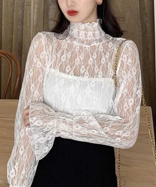 mielu(ミエル)の「ハイネックシアーレーストップス(Tシャツ/カットソー・レディース・ベージュ/ホワイト・MEDIUM/LARGE)」の10枚目の写真