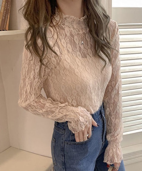 mielu(ミエル)の「ハイネックシアーレーストップス(Tシャツ/カットソー・レディース・ベージュ/ホワイト・MEDIUM/LARGE)」の11枚目の写真
