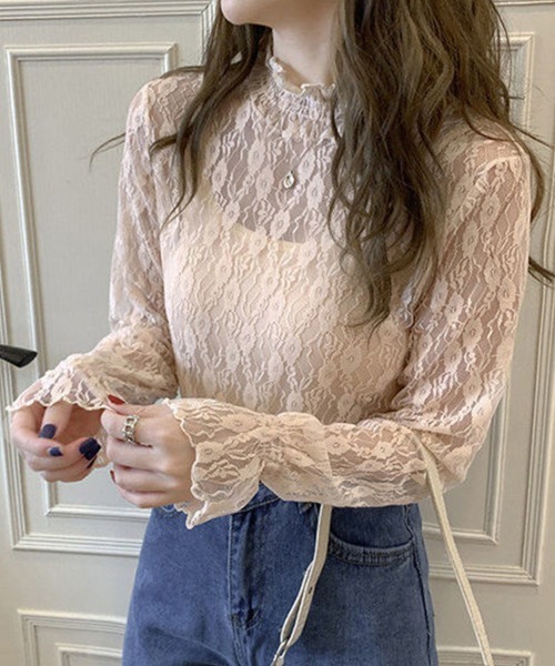 mielu(ミエル)の「ハイネックシアーレーストップス(Tシャツ/カットソー・レディース・ベージュ/ホワイト・MEDIUM/LARGE)」の12枚目の写真
