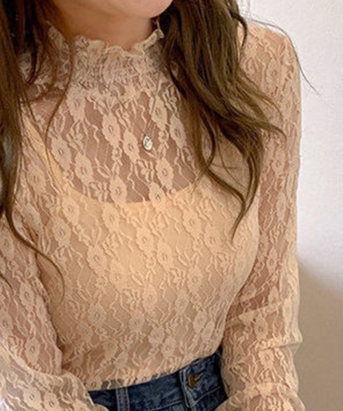 mielu(ミエル)の「ハイネックシアーレーストップス(Tシャツ/カットソー・レディース・ベージュ/ホワイト・MEDIUM/LARGE)」の13枚目の写真