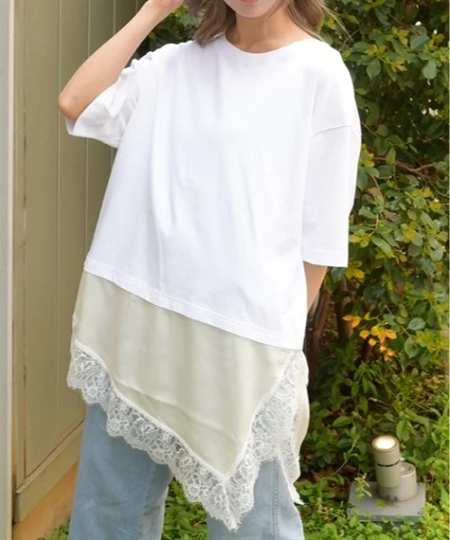 axes femme(アクシーズファム)の「レースドッキングTシャツ(Tシャツ/カットソー・レディース・キナリ/チャコール/ブラック・FREE)」の1枚目の写真