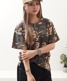 クロス刺繍 サーマル ヘンリーネックTシャツ / Cross embroidery thermal henley neck t-shirt