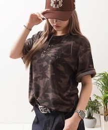 クロス刺繍 サーマル ヘンリーネックTシャツ / Cross embroidery thermal henley neck t-shirt