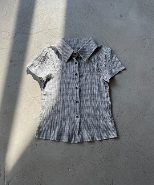 NUJOH(ヌゾ)の「Gingham Puff Sleeve Shirt / ギンガムパフスリーブシャツ(シャツ/ブラウス・レディース・ネイビー/グレー/ライトブルー・FREE)」の4枚目の写真