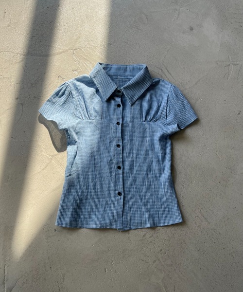 NUJOH(ヌゾ)の「Gingham Puff Sleeve Shirt / ギンガムパフスリーブシャツ(シャツ/ブラウス・レディース・ネイビー/グレー/ライトブルー・FREE)」の6枚目の写真