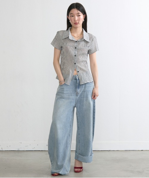 NUJOH(ヌゾ)の「Gingham Puff Sleeve Shirt / ギンガムパフスリーブシャツ(シャツ/ブラウス・レディース・ネイビー/グレー/ライトブルー・FREE)」の18枚目の写真