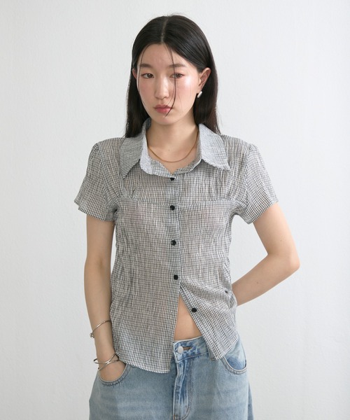 NUJOH(ヌゾ)の「Gingham Puff Sleeve Shirt / ギンガムパフスリーブシャツ(シャツ/ブラウス・レディース・ネイビー/グレー/ライトブルー・FREE)」の10枚目の写真
