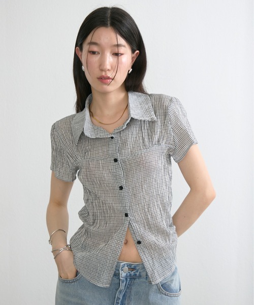 NUJOH(ヌゾ)の「Gingham Puff Sleeve Shirt / ギンガムパフスリーブシャツ(シャツ/ブラウス・レディース・ネイビー/グレー/ライトブルー・FREE)」の11枚目の写真