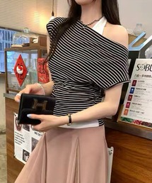 【WEB限定】ホルターネックボーダーカットソー［骨格ウェーブ／フェミニン／大人可愛い／きれいめ／韓国ファッション］