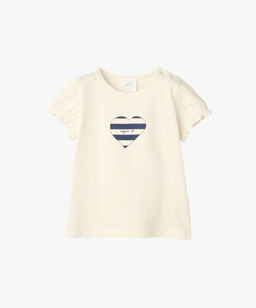 agnes b.(アニエスベー)の「ベビー ロゴ ボーダー プリント コットン 半袖 Tシャツ "Heart"(Tシャツ/カットソー・キッズ・ホワイト・85/80/70/60)」の1枚目の写真
