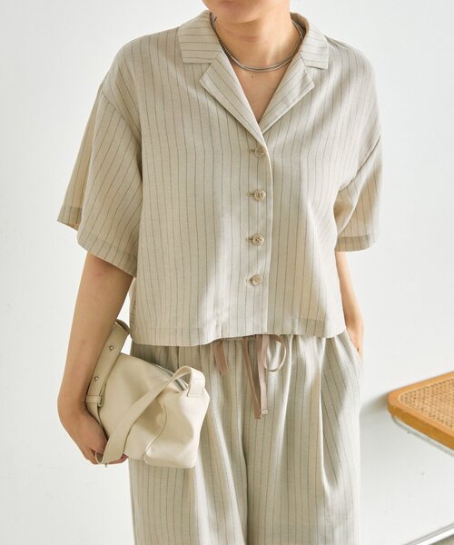 ear PAPILLONNER(イアパピヨネ)の「麻ライクストライプジャケット【SUM1 STYLE】(その他アウター・レディース・ブラック/ライトベージュ・FREE)」の2枚目の写真