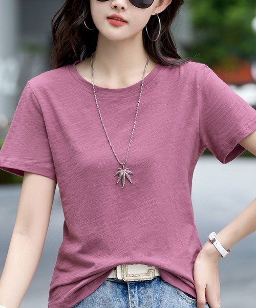 2ly2(トゥーリートゥー)の「無地 半袖Tシャツ クルーネック ベーシック カットソー シンプル トップス(Tシャツ/カットソー・レディース・ブラック/グリーン/ネイビー/ホワイト/パープル・FREE)」の1枚目の写真