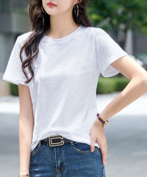 2ly2(トゥーリートゥー)の「無地 半袖Tシャツ クルーネック ベーシック カットソー シンプル トップス(Tシャツ/カットソー・レディース・ブラック/グリーン/ネイビー/ホワイト/パープル・FREE)」の2枚目の写真