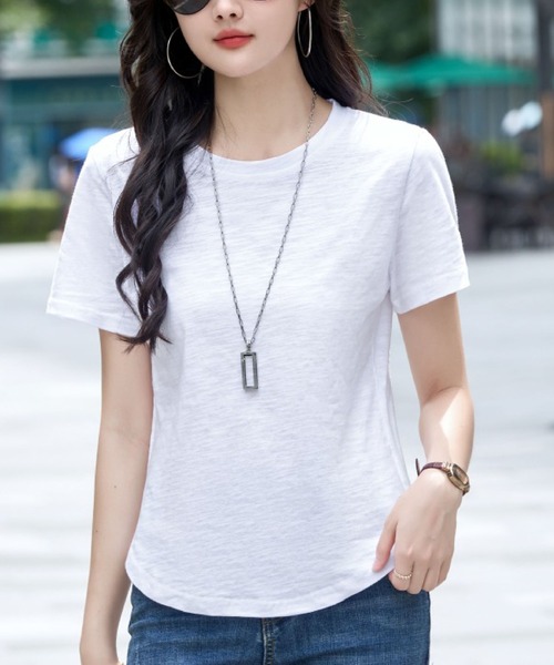 2ly2(トゥーリートゥー)の「無地 半袖Tシャツ クルーネック ベーシック カットソー シンプル トップス(Tシャツ/カットソー・レディース・ブラック/グリーン/ネイビー/ホワイト/パープル・FREE)」の14枚目の写真