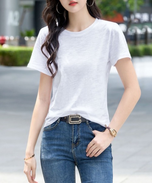 2ly2(トゥーリートゥー)の「無地 半袖Tシャツ クルーネック ベーシック カットソー シンプル トップス(Tシャツ/カットソー・レディース・ブラック/グリーン/ネイビー/ホワイト/パープル・FREE)」の15枚目の写真