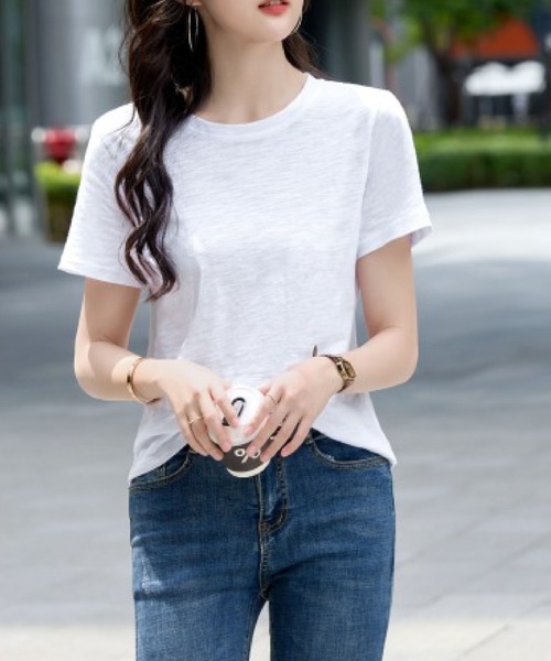 2ly2(トゥーリートゥー)の「無地 半袖Tシャツ クルーネック ベーシック カットソー シンプル トップス(Tシャツ/カットソー・レディース・ブラック/グリーン/ネイビー/ホワイト/パープル・FREE)」の16枚目の写真