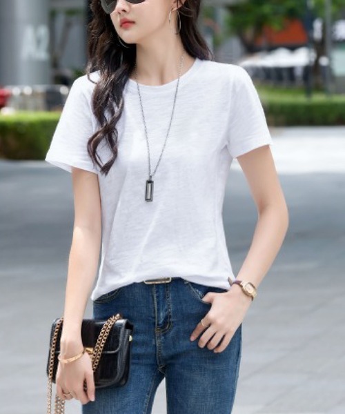 2ly2(トゥーリートゥー)の「無地 半袖Tシャツ クルーネック ベーシック カットソー シンプル トップス(Tシャツ/カットソー・レディース・ブラック/グリーン/ネイビー/ホワイト/パープル・FREE)」の17枚目の写真