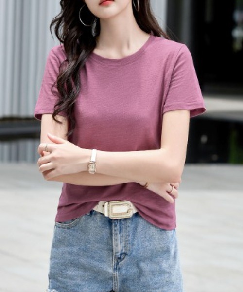 2ly2(トゥーリートゥー)の「無地 半袖Tシャツ クルーネック ベーシック カットソー シンプル トップス(Tシャツ/カットソー・レディース・ブラック/グリーン/ネイビー/ホワイト/パープル・FREE)」の11枚目の写真