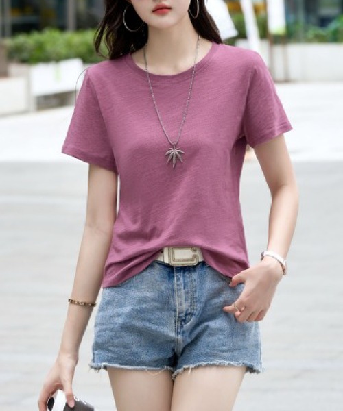 2ly2(トゥーリートゥー)の「無地 半袖Tシャツ クルーネック ベーシック カットソー シンプル トップス(Tシャツ/カットソー・レディース・ブラック/グリーン/ネイビー/ホワイト/パープル・FREE)」の13枚目の写真