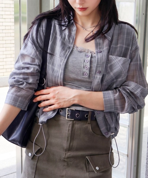 SpRay(スプレイ)の「シアーチェックショート丈ロングスリーブシャツ(シャツ/ブラウス・レディース・ホワイト/ブラック/グレー・FREE)」の3枚目の写真