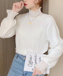 【新作登場】 シアートップス レディース 長袖 ハイネック プリーツトップス ワッシャープリーツ シャーリングネック フリル袖 ストレッチ 透け感 レイヤード インナー きれいめ フェミニン