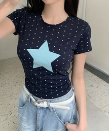 ドット スター柄 ニット ノーマルショルダー クルーネック Tシャツ