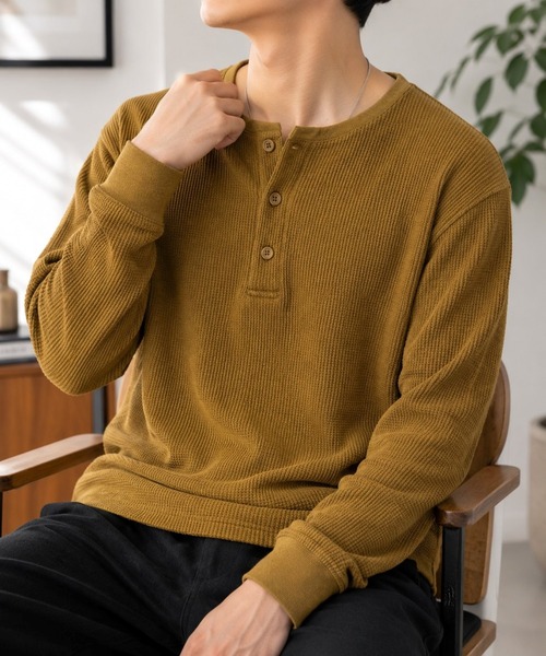 Bling Leads(ブリングリーズ)の「【Bls】 【ZM】【Bling Leads】サーマルワッフル ヘンリーネック長袖TEE(Tシャツ/カットソー・メンズ・ブラウン/ライトブルー/チャコール・X-LARGE/LARGE)」の3枚目の写真