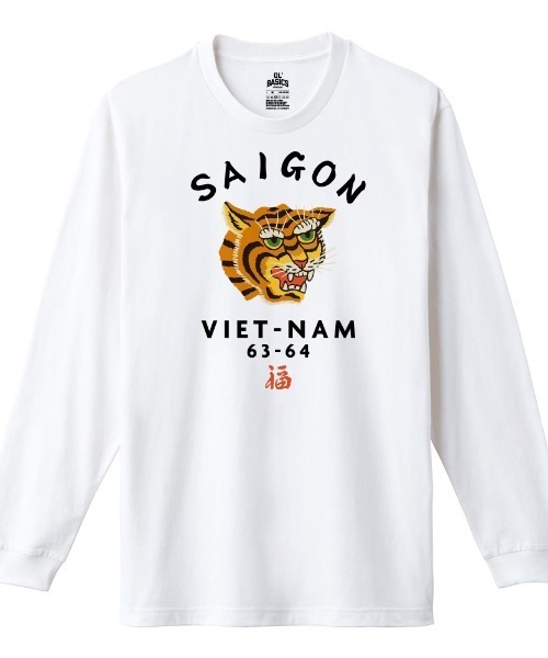 Ol' Basics(オールベーシックス)の「Ol' Basics(オール・ベーシックス) 長袖Tシャツ レディース 虎 タイガー SAIGON ロゴ プリント Tシャツ 長袖 ロンT ロングTシャツ カットソー トップス アメカジ ユニセックス(Tシャツ/カットソー・レディース・ブラック/ホワイト/アーミー/ヘザーグレー・S/XS)」の1枚目の写真