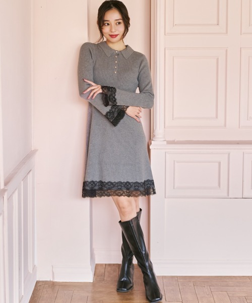 MISCH MASCH（ミッシュマッシュ）の「2026秋冬新作 襟付きレーストリムミニニットワンピース（ワンピース・レディース・ブラック/グレー/ピンク/ワイン・ﾌﾘ-）」の3枚目の写真